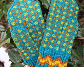 Finely Hand Knitted Estonian Lady's Mittens in Turquoise Yellow and Orange - warm and windproof