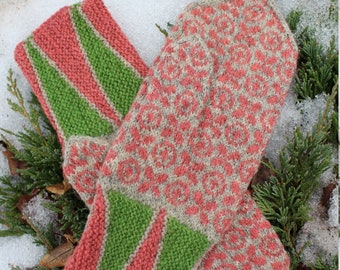 May include: A pair of knitted mittens with a pink and green striped pattern on one mitten and a pink and grey patterned design on the other mitten.