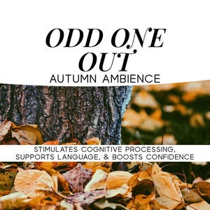 Può includere: Grafica a tema autunnale con il testo "ODD ONE OUT AUTUMN AMBIENCE". L'immagine presenta un tronco d'albero e foglie cadute nelle tonalità del marrone, giallo e arancione. Il testo in basso recita: "STIMOLA L'ELABORAZIONE COGNITIVA, SOSTIENE IL LINGUAGGIO E AUMENTA LA FIDUCIA."