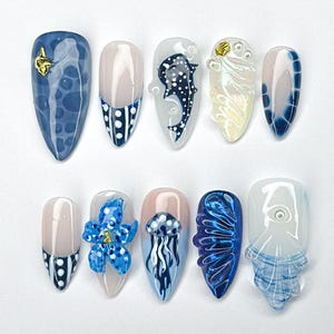 Blue Jellyfish Press On Nails, Ocean Theme Fake Nails, Underwater Marine Nail Art, Coral & Shark Nails, Coastal Mermaid Vibes Nail Press on