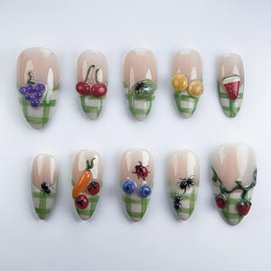 Picnic Fruit Press On Nails with 3D Ladybug, Summer Garden Picnic Fake Nails, Summer Fruit Nails, Green plaid french tip nails, Picnic nails