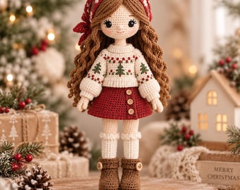 May include: A crocheted doll with long brown hair, wearing a red floral headscarf, a cream-colored sweater with green Christmas tree patterns, a dark red skirt with three buttons, white leg warmers, and brown boots with small wooden button accents.