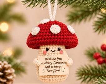 Personalized Crochet Mushroom Ornament, Christmas Message Gift, Cute Handmade Christmas Tree Decoration, Stocking Stuffer