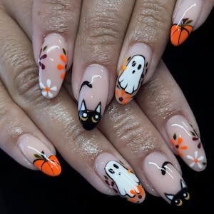 Cute Ghost & Black Cat Press On Nails, Halloween Nail Set with Pumpkins, Spooky Season Fake Nails, Autumn Nail Art, Handmade False Nail Tips