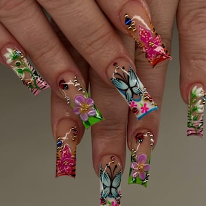 Colorful Butterfly Press On Nails with 3D Flower Nail Art, Tropical Summer Nail Set, Reusable Fake Nails, Bright Summer Butterfly Nails