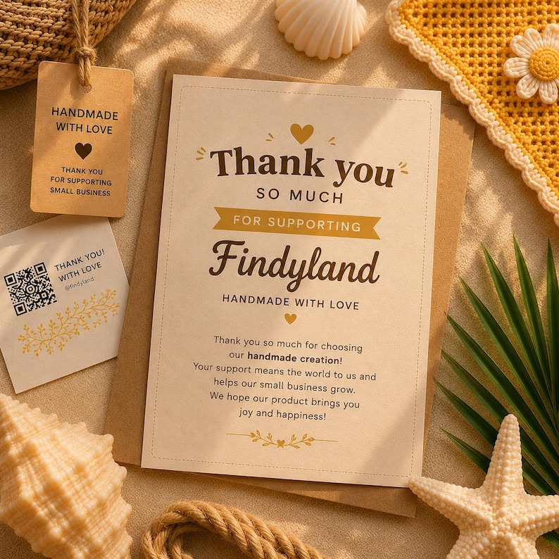 Może przedstawiać: Kremowa kartka z podziękowaniami z brązowym i złotym napisem Thank you so much for supporting Findyland handmade with love, wraz z małą zawieszką o tej samej treści oraz kwadratową kartką z kodem QR i motywami kwiatowymi.