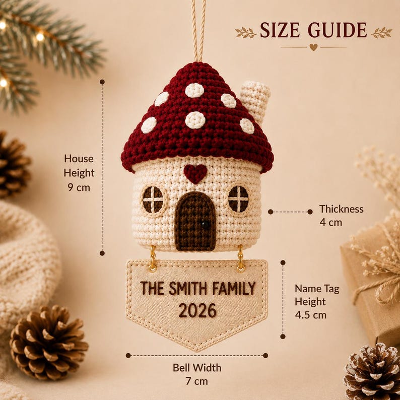 Puede incluir: Un adorno de ganchillo en forma de casa seta con techo rojo oscuro y lunares blancos, cuerpo crema, puerta marr&oacute;n y un coraz&oacute;n. Debajo cuelga una etiqueta beige con el texto THE SMITH FAMILY 2026. Dimensiones: 9 cm de altura, 4 cm de grosor, 7 cm de anchura, 4,5 cm de altura de etiqueta.