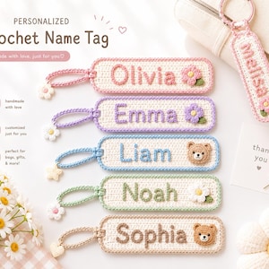 Gepersonaliseerd gehaakt naamplaatje, gehaakte sleutelhanger op maat, handgemaakt bagagelabel, naamplaatje voor rugzak, cadeau voor de leerkracht, bagagelabel voor kinderen