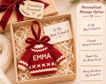 Personalized Crochet Christmas Sweater Ornament, Custom Name Mini Red Sweater, Friendship Gift, Handmade Christmas Tree Decoration