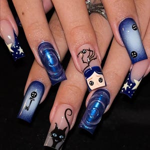 Coraline Movie Press On Nails, Handmade 3D Nail Art with Blue Hair Girl, Black Cat & Button Eyes, Movie Inspired Halloween nails