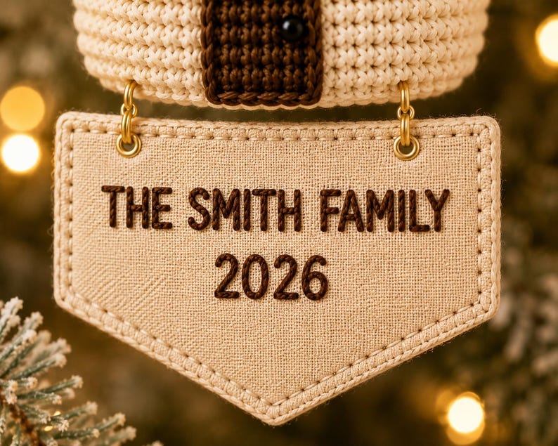 Puede incluir: Un adorno de tela beige con forma de escudo, que presenta el texto bordado THE SMITH FAMILY 2026 en marr&oacute;n oscuro. El adorno est&aacute; sujeto por dos anillos de metal dorado a una secci&oacute;n superior de ganchillo en color crema y marr&oacute;n con una peque&ntilde;a cuenta negra.