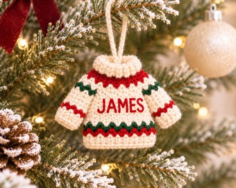Personalized Crochet Christmas Sweater Ornament, Custom Name Mini Sweater, Handmade Christmas Tree Decoration, Holiday Keepsake Gift