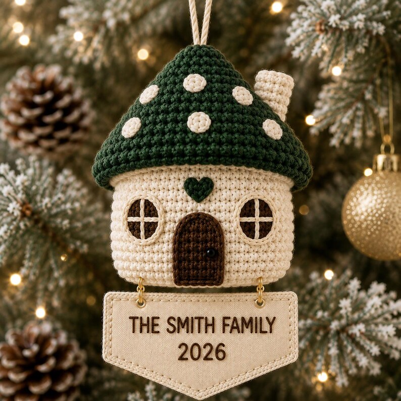 Puede incluir: Un adorno de casa de ganchillo con techo verde oscuro y lunares blancos, cuerpo color crema, puerta marr&oacute;n oscuro, dos ventanas y un peque&ntilde;o coraz&oacute;n. Debajo cuelga un cartel rectangular beige con el texto THE SMITH FAMILY 2026.