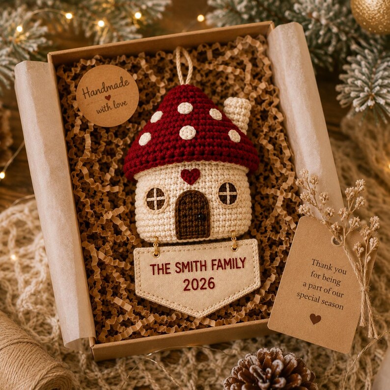 Puede incluir: Un adorno de casa de hongo tejido a ganchillo con techo rojo de lunares blancos, base color crema y puerta marr&oacute;n oscuro. Una etiqueta de tela beige unida en la parte inferior muestra el texto bordado THE SMITH FAMILY 2026 en rojo oscuro.