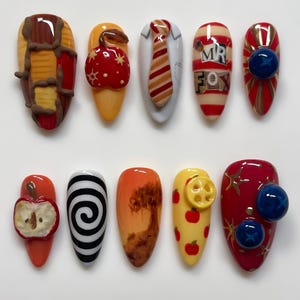 Whimsical Fall Press On Nails with Mr. Fox Theme, Apples, Swirls and 3D Buttons, Handmade Cartoon Style Nails for Cosplay, Autumn Nails