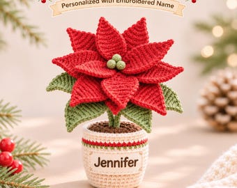 Personalisierter gehäkelter Weihnachtsstern, Weihnachtsblumentopf mit Namensstickerei, handgefertigtes Geschenk für Lehrer, Weihnachtsgeschenk für Mama