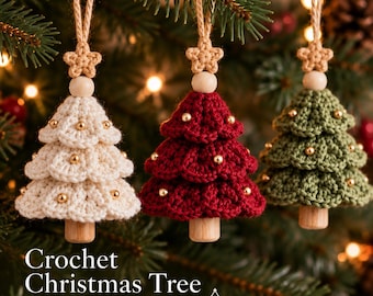 May include: Three crochet Christmas tree ornaments in cream, red, and green. Each tree features a small wooden bead, a crocheted star topper, and gold bead accents. The ornaments hang from twine loops. Text reads: Crochet Christmas Tree HANDMADE ORNAMENT.