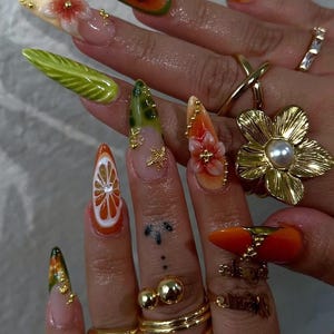 3D Flower Tropical Press On Nails: Handmade Orange Citrus Nail Art
