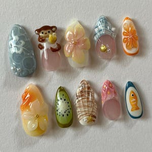 Kawaii Beach Press On Nails: Monkey, Kiwi & Fish - Handmade