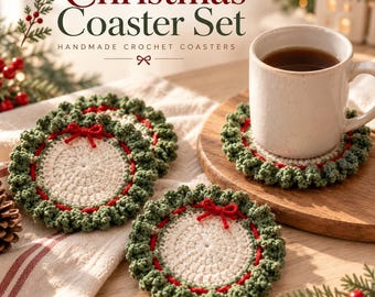 Gehäkelte Untersetzer mit Weihnachtskranz-Motiv, handgefertigte Getränkeuntersetzer für die Feiertage, Tischdekoration für Weihnachten, gemütliches Weihnachtsgeschenk, 2er- oder 4er-Set