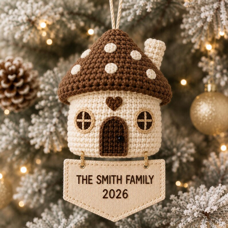Puede incluir: Un adorno de ganchillo con forma de casa seta, con techo marr&oacute;n de lunares blancos, cuerpo color crema, puerta marr&oacute;n oscuro y un peque&ntilde;o coraz&oacute;n. Debajo cuelga una placa de tela beige con el texto THE SMITH FAMILY 2026.