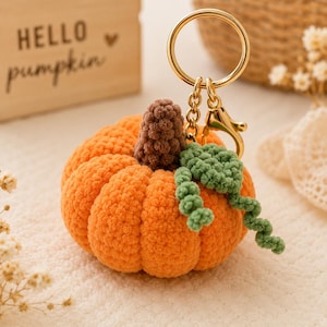 May include: A crocheted orange pumpkin keyring featuring a brown textured stem and a green curly vine. The pumpkin is attached to a gold-toned metal split ring and a lobster clasp. The design is soft and rounded with visible yarn stitches.