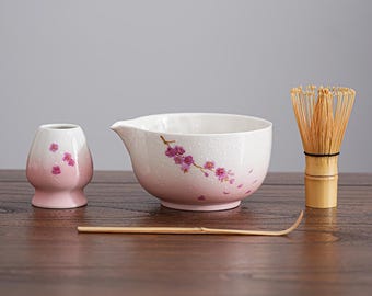 Hand Painted Cherry Blossoms Matcha Set, Ceramic White And Pink Matcha Bowl Kit, Custom Flower Matcha Gift, Matcha Gift Set, Gift For Her