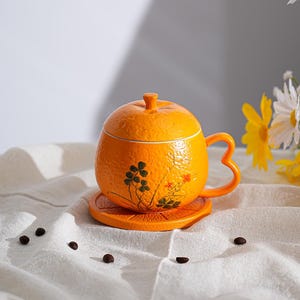 Hand Painted Flower Ceramic Mug, Orange Coffee Cup With Lid and Love-Shape Handle, Custom Coffee Mug Set, Milk Cup, Mug Gift