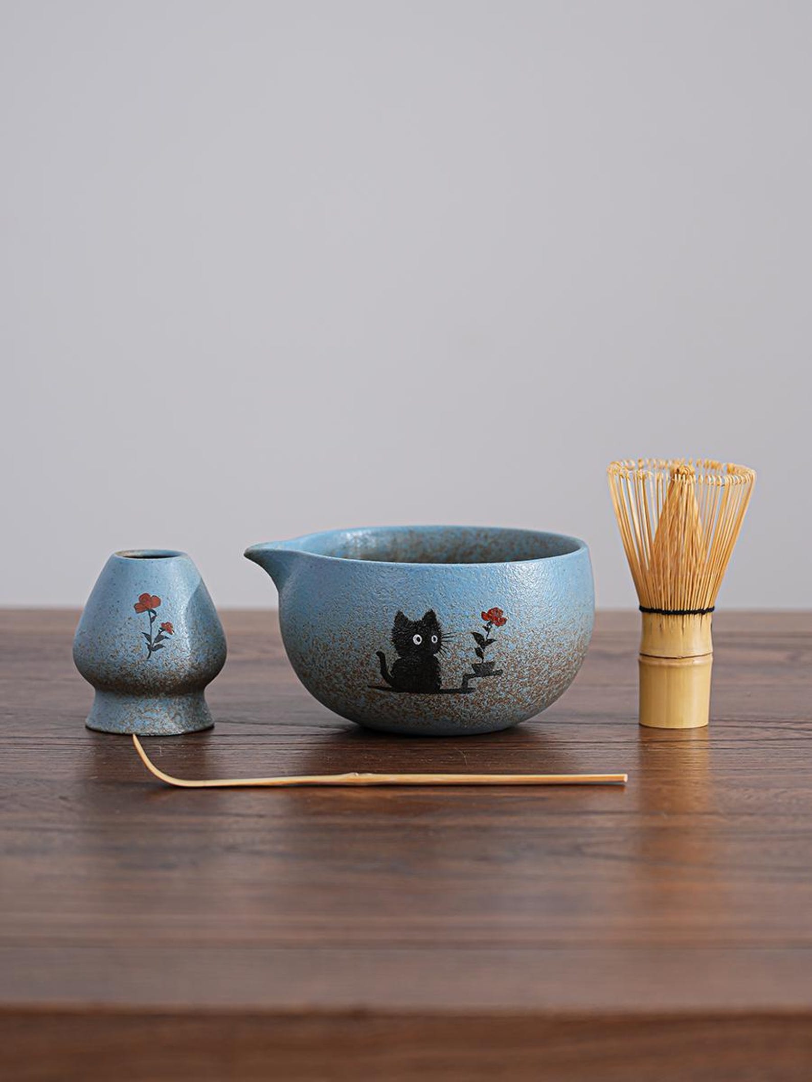 Blue Coarse Pottery Matcha Sets 2/4pcs, Hand-painted Cat And Rose Matcha Bowl Set With Bamboo Whisk, Black Cat Matcha Set, Gift For Her