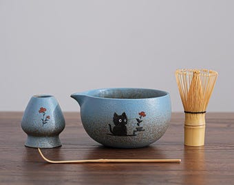 Blue Coarse Pottery Matcha Sets 2/4pcs, Hand-painted Cat And Rose Matcha Bowl Set With Bamboo Whisk, Black Cat Matcha Set, Gift For Her