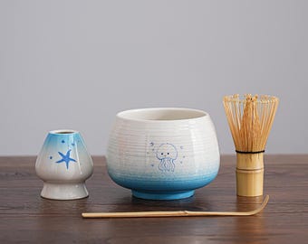 White and Blue Ceramic Matcha Set, Hand-painted Ceramic Ocean Bowl Set, Starfish Matcha Gift Set, Bamboo Whisk Matcha Set, Gift