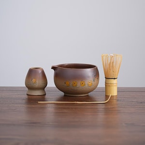 Brown Pottery Matcha Set, Hand Painted Yellow Ducks Matcha Bowl With Holder And Bamboo Whisk, Matcha Gift for Daughter, Birthday gift