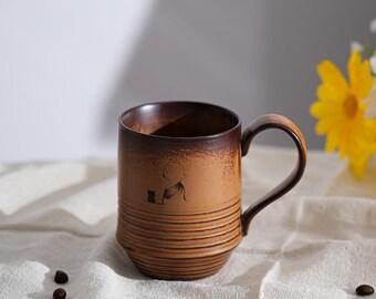 Taza de cerámica pintada a mano con diseño de monje pacífico y gato negro, taza de café zen minimalista, artículos para relajarse, taza de meditación, regalo personalizado
