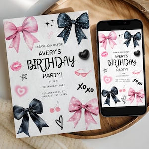Pink and Black Bow Birthday Invitation, Invitation for Girl Birthday Party, Coquette Bow Card, Ribbon Birthday Invite, Printable and Mobile