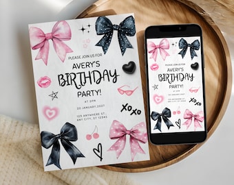 Roze en zwarte strik verjaardagsuitnodiging, uitnodiging voor verjaardagsfeestje meisje, Coquette Bow Card, lint verjaardagsuitnodiging, afdrukbaar en mobiel