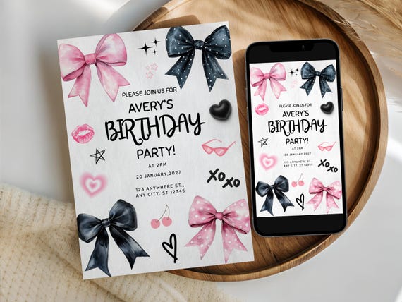 Pink and Black Bow Birthday Invitation, Invitation for Girl Birthday Party, Coquette Bow Card, Ribbon Birthday Invite, Printable and Mobile