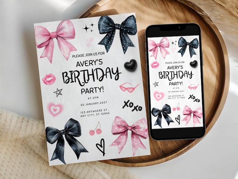 Pink and Black Bow Birthday Invitation, Invitation for Girl Birthday Party, Coquette Bow Card, Ribbon Birthday Invite, Printable and Mobile image 1
