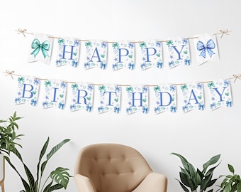Blue Bow Editable Birthday Banner, Blue Bow Theme, Coquette Bow Banner, Blue Ribbon Birthday Bunting, Editable and Printable Party Decor