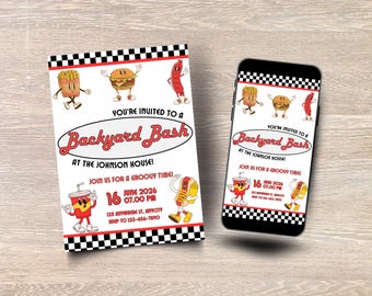 Uitnodiging voor feest retro achtertuin: bewerkbare canvassjabloon, afdrukbare en mobiele versies