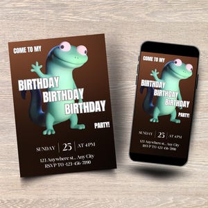 May include: A birthday party invitation featuring a cartoon lizard in shades of green and blue. The invitation includes the text "COME TO MY BIRTHDAY PARTY!" and event details. A smartphone displays the same design.