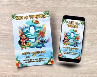 Lilo and Stitch 9e verjaardagsuitnodiging, Stitch verjaardagsuitnodiging, bewerkbare sjabloon, Beach Aloha Party uitnodiging, afdrukbaar en mobiel