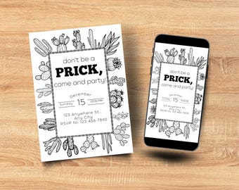 Grappige uitnodiging voor cactusfeestje: modern zwart-wit, bewerkbare canvassjabloon (afdrukbaar en mobiel)