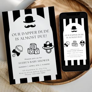 Convite para chá de bebê "Um pequeno cavalheiro está a caminho", convite para um cara elegante, modelo editável do Canva, versões para impressão e celular