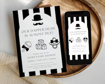 A Little Gentleman is On The Way uitnodiging babyshower, stoere kerel nodigt uit, bewerkbare canva-sjabloon, afdrukbare en mobiele versies
