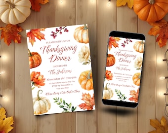 Rustic Thanksgiving Dinner Invitation, Let's Gather Invitation, Editable Pumpkin Thanksgiving Template, Printable and Mobile Versions