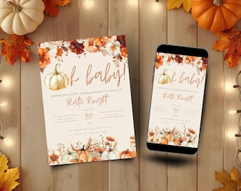 Pumpkin Fall Baby Shower Invitation, Editable Autumn Floral Baby Sprinkle Template, Oh Baby Invitation, Printable and Mobile Versions