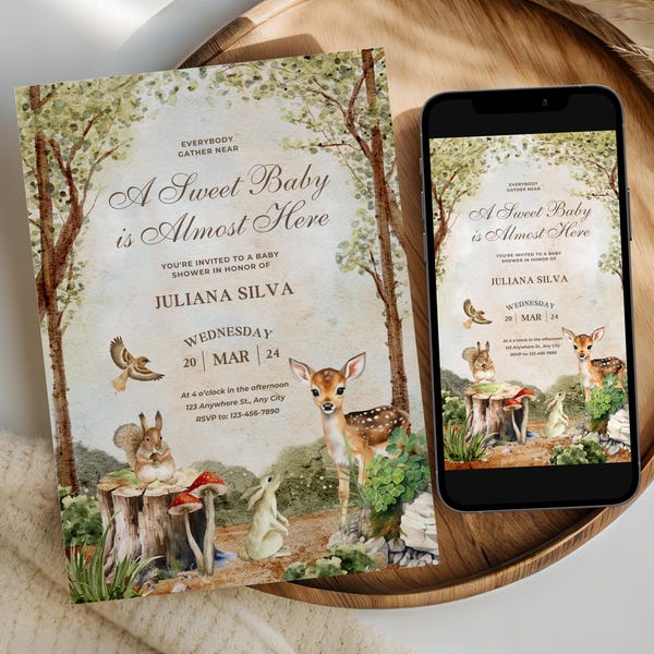 Woodland Animals Baby Shower Invitation, Forest Baby Animals Baby Shower Invite, Watercolor Woods Card, Printable and Mobile Versions