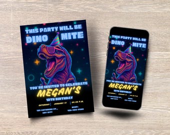 Bewerkbare feestbeest dinosaurus verjaardagsfeestje, neon dino kinder verjaardagsuitnodiging sjabloon, glow party card, afdrukbaar en mobiel