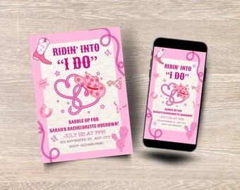 Roze vrijgezellenfeest rodeo cowgirl rodeo: bewerkbare canva-sjabloon, afdrukbare en mobiele versies