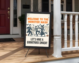 Welkomstbord Monster Mash: vintage Halloween-feestdecor (drie digitale maten beschikbaar)